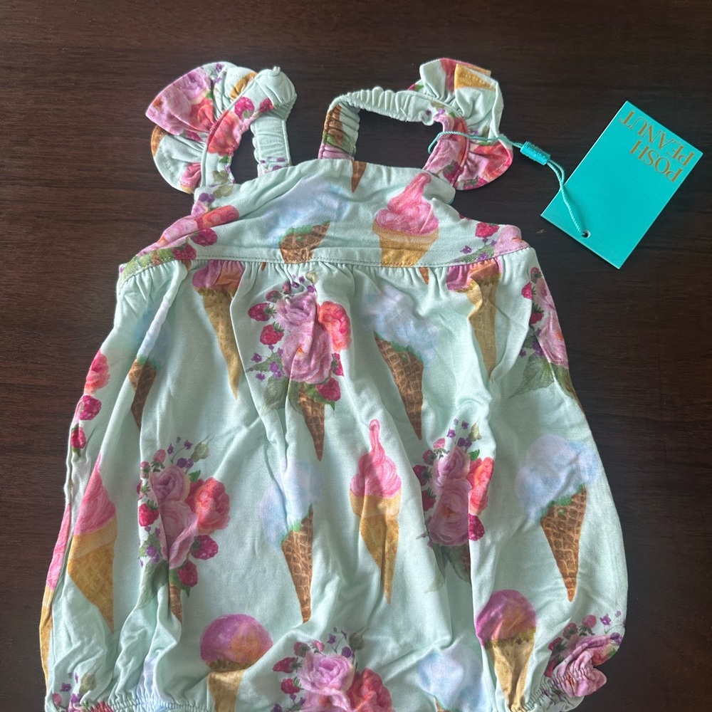 Posh Peanut Mint Romper with Pink Floral Ice Cream Print